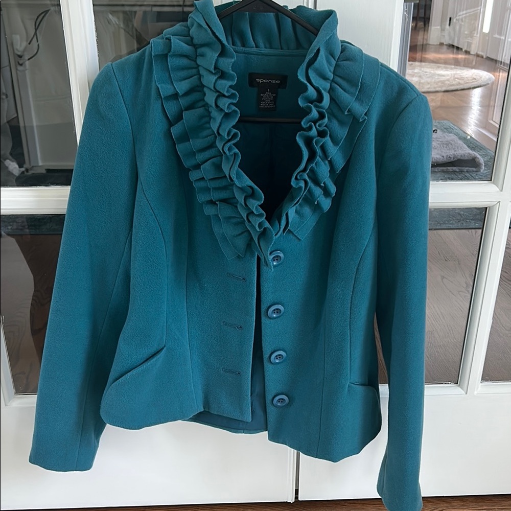 Spense Blue Ruffled Blazer with Textured Fabric🌿